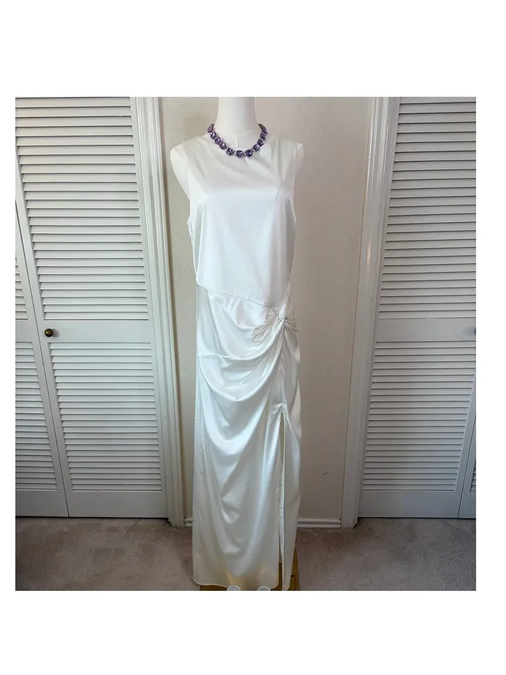 Abercrombie Draped White Satin Maxi Dress with Cutout Back Size Large